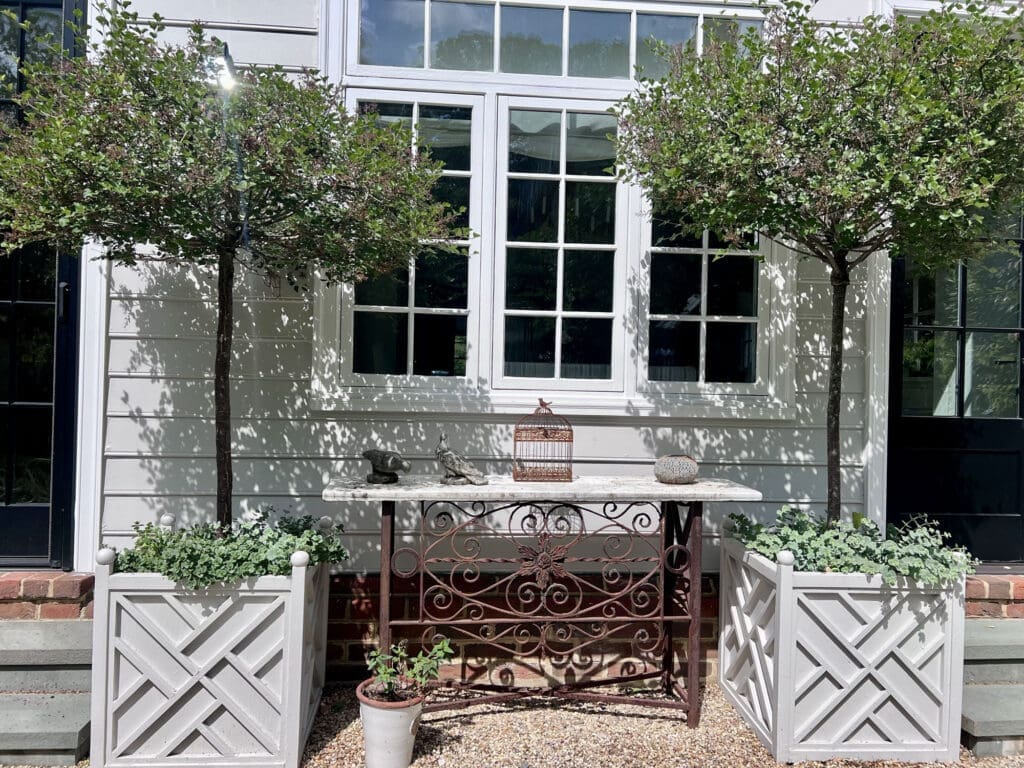 garden table in whimsical yard